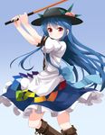  black_hat blue_background blue_hair blue_skirt boots brown_footwear eyebrows_visible_through_hair food frilled_skirt frills fruit gradient gradient_background hat highres hinanawi_tenshi knee_boots leaf long_hair peach puffy_short_sleeves puffy_sleeves rainbow_order red_eyes ruu_(tksymkw) shirt short_sleeves simple_background skirt solo swinging sword_of_hisou touhou v-shaped_eyebrows very_long_hair white_shirt 