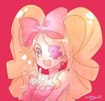  :d blonde_hair bow breasts cleavage drill_hair eyepatch fingernails hair_bow harime_nui index_finger_raised kill_la_kill looking_at_viewer medium_breasts mika_pikazo one_eye_covered open_mouth pink_background pink_bow pink_eyes signature simple_background smile solo twin_drills twintails upper_body 