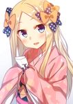  :d abigail_williams_(fate/grand_order) bangs black_bow blush bow commentary_request eyebrows_visible_through_hair eyes_visible_through_hair fate/grand_order fate_(series) forehead hair_bow head_tilt holding japanese_clothes kimono long_hair looking_at_viewer open_mouth orange_bow otoshidama parted_bangs pink_kimono polka_dot polka_dot_bow racer_(magnet) simple_background sleeves_past_wrists smile solo upper_body white_background 