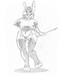  2018 anthro armwear big_breasts breasts bridal_gauntlets buzz_brambles_(pookahforhire) camel_toe cheek_tuft claws clothing collar corset ear_piercing female greyscale hat holding_object lagomorph leather legwear lingerie mammal monochrome nipple_tape nipples on_one_leg pasties piercing rabbit riding_crop simple_background sketch solo standing tape thigh_highs thong toe_claws tuft voluptuous whip wide_hips wolfkidd 