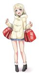  :d ayase_arisa bag black_footwear blonde_hair blue_eyes blue_skirt blush boots coat commentary_request full_body fur-trimmed_coat fur_trim hair_ornament hairpin highres long_hair long_sleeves looking_at_viewer love_live! love_live!_school_idol_project miniskirt open_mouth pigeon-toed pleated_skirt shopping_bag simple_background skirt smile solo standing white_background yopparai_oni 