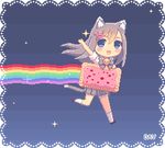  animal_humanoid animated cat_humanoid clothed clothing dav-19 digital_media_(artwork) feline female footwear fully_clothed fur grey_fur grey_hair hair hair_ornament holding_object humanoid legwear looking_at_viewer mammal nyan_cat pixel_(artwork) poptart rainbow ribbons running shirt shoes skirt socks solo star waving 