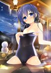  bangs bare_shoulders black_hair black_swimsuit blue_eyes blush breasts closed_mouth collarbone competition_school_swimsuit eyebrows_visible_through_hair hair_between_eyes head_tilt highres icicle kerosene_lamp long_hair looking_at_viewer low_twintails nagayama_yuunon night night_sky one-piece_swimsuit onsen original rock school_swimsuit sitting sky small_breasts smile snow snowman solo star_(sky) starry_sky steam swimsuit swimsuit_pull twintails very_long_hair water 