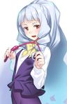  :d aikatsu! aikatsu!_(series) bow bowtie commentary_request drill_hair h_kasei long_hair looking_at_viewer open_mouth red_eyes riding_crop shirogane_lilly silver_hair smile solo yellow_neckwear 