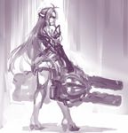  android ass bare_shoulders breasts elbow_gloves expressionless forehead_protector gloves gun kos-mos kos-mos_re: large_breasts leotard long_hair looking_at_viewer monochrome negresco solo standing thighhighs very_long_hair weapon white_leotard xenoblade_(series) xenoblade_2 xenosaga 