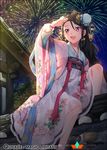  :3 :d aerial_fireworks black_hair bug bun_cover butterfly chinese_clothes double_bun fireworks floral_print hair_ornament hakusai_(tiahszld) hanfu insect jewelry long_hair long_sleeves looking_away looking_to_the_side night obi open_mouth outdoors print_skirt purple_eyes qurare_magic_library rose_print sash shading_eyes sitting skirt sky smile solo star_(sky) starry_sky very_long_hair wall white_skirt 
