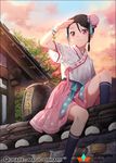  :3 arm_up black_hair braid bun_cover chinese_clothes closed_mouth cloud cloudy_sky copyright_name double_bun hair_tie hakusai_(tiahszld) kneehighs looking_at_viewer navy_blue_legwear outdoors pink_skirt purple_eyes qurare_magic_library shading_eyes short_sleeves side_braid single_braid sitting skirt sky solo wall wide_sleeves 