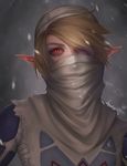  1girl artist_request bandage blonde_hair braid dark_skin long_hair looking_at_viewer pointy_ears red_eyes reverse_trap sheik simple_background solo surcoat the_legend_of_zelda the_legend_of_zelda:_ocarina_of_time turban veil 