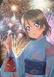  blue_eyes blus fireworks grey_hair hsmile kimono love_live!_sunshine!! night short_hair watanabe_you 