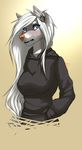  blue_eyes breasts canine clothed clothing ear_piercing female gradient_background hair hoodie mammal nina_(nut-bar) nut-bar piercing simple_background solo white_hair wolf 