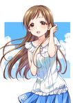  alternate_costume blue_skirt blush brown_eyes brown_hair commentary_request dress idolmaster idolmaster_cinderella_girls long_hair looking_at_viewer nitta_minami open_mouth skirt sleeveless sleeveless_dress solo tottoto_tomekichi 