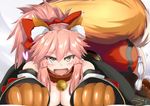  absurdres animal_ears ass_shake bare_shoulders bell bell_collar blush breasts cat_hair_ornament cat_paws cleavage collar commentary_request detached_sleeves fang fangs fate/grand_order fate_(series) fox_ears fox_tail gloves hair_ornament hair_ribbon heart highres jingle_bell large_breasts long_hair ninoude_(ninoude44) open_mouth paw_gloves paw_shoes paws pink_hair ponytail red_ribbon ribbon shoes tail tamamo_(fate)_(all) tamamo_cat_(fate) yellow_eyes 