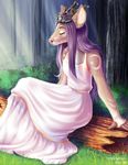  anthro antlers cervine clothed clothing collaboration crown deer dress ear_piercing eri-yo eyes_closed female forest grass hair horn inner_ear_fluff log long_hair mammal outside piercing pink_nose plant purple_hair shrub sitting solo sunbeam todesmarsch tree wood 