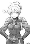  blush breasts greyscale hair_bun inquisition inquisitor lutherniel monochrome pout power_armor warhammer_40k 