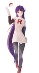  ankle_boots black_legwear black_sleeves boots commentary_request dress gloves highres long_hair looking_at_viewer mizukuso natsume_(pokemon) pantyhose poke_ball poke_ball_(generic) pokemon pokemon_special purple_eyes purple_hair short_dress simple_background single_letter solo team_rocket_uniform very_long_hair white_background white_gloves 