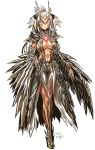  absurdres animal_ears armor armored_dress bright_pupils circlet claws closed_mouth dated dress extra_eyes full_body highres kotoba_noriaki long_hair looking_at_viewer monster_girl navel original ponytail red_eyes signature simple_background slit_pupils smile solo standing toned white_background white_dress white_hair wings 