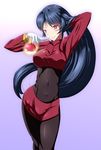  adjusting_hair black_hair blush breasts commentary_request danpu gloves head_tilt large_breasts long_hair looking_at_viewer natsume_(pokemon) pantyhose poke_ball poke_ball_(generic) pokemon pokemon_(game) pokemon_rgby red_eyes smile solo telekinesis white_gloves 