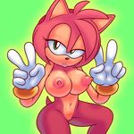  amy_rose areola big_breasts biting_lip bracelet breasts clothing double_v_sign erect_nipples eyelashes female gloves gradient_background green_eyes hairband half-closed_eyes hedgehog hi_res jewelry looking_at_viewer mammal navel nipples nude puffy_areola pussy quills simple_background sodajoik solo sonic_(series) v_sign 
