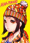 artist_name bangs beanie braid brown_eyes brown_hair closed_mouth commentary_request earrings eyeshadow hat hood hood_down hoodie jewelry looking_at_viewer makeup mika_pikazo original portrait simple_background smile solo twin_braids upper_body yellow_background 