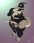  2018 anthro areola balls bantar2 bdsm belly big_breasts big_butt big_penis black_areola black_penis breasts butt claws dickgirl eyelashes green_eyes horn huge_breasts huge_thighs humanoid_hands hyper hyper_breasts intersex jewelry latricia lizard looking_at_viewer mask nipple_piercing nipples obese overweight penis piercing reptile rubber scalie simple_background slightly_chubby solo stripes thick_thighs whip 