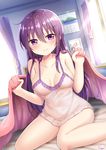  blanket blush breasts closed_mouth collarbone eyebrows_visible_through_hair gochuumon_wa_usagi_desu_ka? hair_between_eyes hair_ornament hairclip highres long_hair looking_at_viewer medium_breasts nightgown piripun purple_eyes purple_hair signature smile solo tedeza_rize 