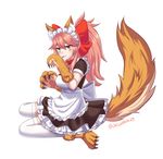  alternate_costume animal_ears apron bell bell_collar breasts cat_paws collar dress enmaided fang fangs fate/grand_order fate_(series) fox_ears fox_tail gloves hair_ribbon highres jingle_bell large_breasts licking looking_at_viewer maid maid_apron maid_headdress o.k.corral paw_gloves paw_shoes paws pink_hair ponytail red_ribbon ribbon shoes simple_background sitting solo tail tamamo_(fate)_(all) tamamo_cat_(fate) thighhighs tongue tongue_out white_background white_legwear yellow_eyes 