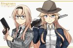  &gt;:) alternate_costume bespectacled black-framed_eyewear black_neckwear blonde_hair blue_eyes brown_hat buttons commentary glasses gun hair_between_eyes hat holding holding_gun holding_weapon ido_(teketeke) iowa_(kantai_collection) kantai_collection kingsman:_the_golden_circle kingsman:_the_secret_service long_hair long_sleeves multiple_girls necktie parody smile sparkle v-shaped_eyebrows warspite_(kantai_collection) weapon 