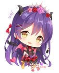  bangs blush character_name chibi commentary_request demon_girl demon_horns demon_tail demon_wings dress gloves hair_between_eyes hair_ornament hairclip hitsukuya horns long_hair looking_at_viewer love_live! love_live!_school_idol_festival love_live!_school_idol_project open_mouth simple_background solo sonoda_umi striped tail tiara white_background wings 