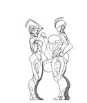  alien balls big_balls big_penis breasts dickgirl dickgirl/female duo erection featureless_breasts female hands_on_hips huge_balls huge_penis humanoid humanoid_on_humanoid intersex intersex/female lewdreaper monochrome not_furry nyx_(warframe) penis sex side_view standing tenno titfuck video_games warframe 