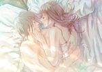  1girl afterglow blush camisole commentary couple eye_contact girl_on_top grey_hair hand_on_another's_cheek hand_on_another's_face hetero highres hug imminent_kiss kinoebi lingerie long_hair looking_at_another lying morning original pillow realistic short_hair sleeping underwear 