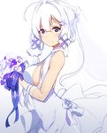  ahoge azur_lane bad_id bad_pixiv_id blue_eyes blue_ribbon bouquet breasts closed_mouth dress flower gradient gradient_background grey_background hair_over_shoulder highres holding holding_bouquet icehotmilktea illustrious_(azur_lane) looking_at_viewer medium_breasts ribbon rose short_hair sidelocks simple_background sleeveless sleeveless_dress smile solo white white_background white_dress white_flower white_hair white_rose 