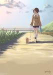  artist_name bag blue_skirt blurry blurry_background bridge brown_eyes brown_footwear brown_hair cloud coat commentary_request day depth_of_field dog dog_walking grass hasegawa_fumi holding leash long_sleeves outdoors pleated_skirt profile riverbank scarf shoes signature skirt socks solo standing umiroku walking white_legwear yuyushiki 