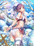  ass back bikini cold forest frozen_lake hand_on_own_face hat ice interitio looking_at_viewer mountain nature official_art orange_eyes purple_hair quinzhee short_hair smile snow snow_shelter snowflakes solo swimsuit tenka_touitsu_chronicle thighhighs twitter_username 