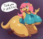  2018 absurd_res aged_up anthro areola_slip big_breasts big_butt bottomless breasts butt camp_lazlo cartoon_network clothed clothing digital_drawing_(artwork) digital_media_(artwork) english_text female fur hair hat herpestid hi_res huge_breasts huge_butt looking_at_viewer mammal miso_souperstar mongoose nipple_bulge nipples open_mouth patsy_smiles pink_hair pussy solo text thick_thighs voluptuous wide_hips 