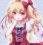  adapted_costume blonde_hair bow dress eyebrows_visible_through_hair flandre_scarlet hair_between_eyes hair_bow hand_on_own_cheek hand_up long_hair looking_at_viewer open_mouth puffy_short_sleeves puffy_sleeves red_bow red_dress red_eyes short_sleeves side_ponytail simple_background solo touhou upper_body wings yuria_(kittyluv) 