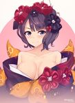  black_kimono blush breasts closed_mouth commentary_request dated eyebrows_visible_through_hair fate/grand_order fate_(series) hair_ornament hairpin japanese_clothes katsushika_hokusai_(fate/grand_order) kimono kuavera large_breasts looking_at_viewer off_shoulder purple_eyes purple_hair purple_kimono short_hair smile solo twitter_username upper_body 