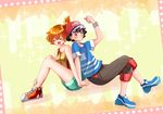  1girl :d back-to-back baseball_cap black_hair blush brown_eyes clenched_teeth closed_eyes embarrassed film_strip hat holding_hands kasumi_(pokemon) open_mouth orange_hair pokemon pokemon_(anime) pokemon_sm_(anime) satoshi_(pokemon) shirt shoes short_hair short_ponytail shorts side_ponytail smile sneakers suspenders t-shirt tank_top teeth watch wristwatch yuno_(asanan) 