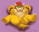  2018 3_toes anthro anus armlet balls biceps big_butt bowser bros_(disambiguation) butt claws clothed clothing collar curved_horns eyebrows hair hands_behind_head hindpaw hybrid koopa lizard looking_at_viewer male mario_bros muscular nintendo nude paws penis pose presenting red_eyes red_hair reptile scalie simple_background solo spiked_shell spread_legs spreading toes video_games wiess yellow_balls 