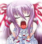  1girl al_azif demonbane eyes_closed long_hair purple_hair ribbon tagme tongue tongue_outside white_dress 