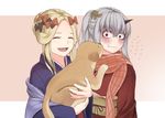  :d :t ^_^ abigail_williams_(fate/grand_order) absurdres alternate_hairstyle animal bangs beige_background black_bow blonde_hair blue_kimono blush bow brown_bow brown_eyes brown_kimono brown_scarf closed_eyes closed_mouth commentary_request dog fate/grand_order fate_(series) flying_sweatdrops forehead grey_hair hair_between_eyes hair_bow hair_ornament hair_up highres holding holding_animal horn japanese_clothes kimono lavinia_whateley_(fate/grand_order) long_hair long_sleeves multiple_girls obi open_mouth ozu_(agito100001) parted_bangs ponytail sash scarf sidelocks smile two-tone_background wavy_mouth white_background wide-eyed wide_sleeves 