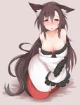  animal_ears bare_shoulders blush breasts brooch brown_background brown_hair cleavage collarbone commentary_request dress frilled_sleeves frills full_body hair_between_eyes highres hiro_(pqtks113) imaizumi_kagerou jewelry large_breasts long_hair looking_at_viewer red_eyes simple_background sleeves_past_wrists solo sweat touhou very_long_hair wide_sleeves wolf_ears 