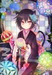  animal_ears ball black_hair black_kimono blue_flower bow cat_ears cat_tail choker commentary_request flower frills hair_bow hair_flower hair_ornament holding holding_ball japanese_clothes kazu_(muchuukai) kimono looking_at_viewer obi original pink_choker purple_flower red_bow red_eyes sash solo tail temari_ball 