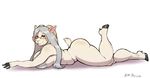  anthro big_breasts breasts caprine eyewear female glasses goat grey_hair hair horn looking_at_viewer lying mammal mature_female nude on_front plankboy smile solo thick_thighs 