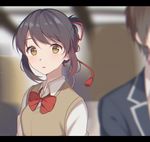  1girl black_hair blurry_foreground blush breasts brown_eyes brown_hair cardigan collared_shirt eyebrows_visible_through_hair izumo_neru kimi_no_na_wa letterboxed looking_at_viewer medium_breasts miyamizu_mitsuha parted_lips shirt short_hair sweater_vest tachibana_taki 