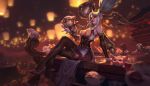  2girls alternate_color bare_shoulders breasts china_dress chinese_clothes dress firecracker_vayne fireworks glasses green_hair grey_hair high_heels league_of_legends lipstick looking_at_viewer makeup medium_breasts multiple_girls official_art parted_lips pigs shauna_vayne thighhighs 