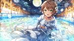  blush brown_hair dress green_eyes idolmaster idolmaster_million_live! idolmaster_million_live!_theater_days jacket moon night sakuramori_kaori short_hair winter 