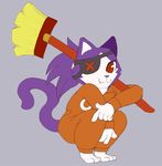  absurd_res broom cat clothing crouching cute_fangs eye_patch eyewear feline female fur hi_res jumpsuit mammal ponytail purple_fur salaciouslx simple_background sketch 