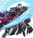  alondite armor bangs black_armor blue_hair broken_armor cape fire_emblem fire_emblem:_akatsuki_no_megami fire_emblem_heroes full_body gauntlets glowing glowing_weapon highres holding holding_weapon izuka_daisuke looking_away male_focus official_art open_mouth serious shoulder_armor solo spoilers sword transparent_background weapon zelgius 