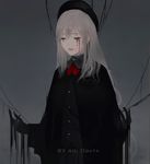  aoi_ogata artist_name bangs black_shirt blood bloody_tears closed_eyes collared_shirt commentary facing_viewer grey_background grey_hair hair_between_eyes highres long_hair neckwear_request original pink_lips red_neckwear shirt solo 