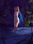  armpits arms_up blue_hair breasts closed_eyes closed_mouth commentary_request dress facing_viewer long_hair medium_breasts noccu original smile solo standing very_long_hair wading water wet wet_clothes wet_dress white_dress 